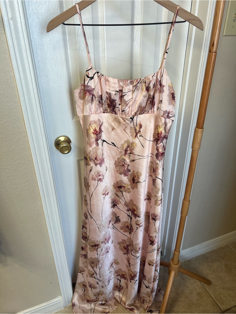 Blush Pink Floral Satin Maxi Slip Dress